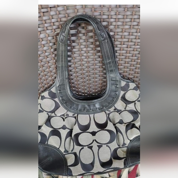 VINTAGE AUTHENTIC COACH SIG C JACQUARD & LEATHER FRAMED SATCHEL TOTE  HAND BAG - Picture 4 of 7